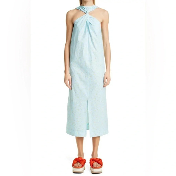 Ganni Blue Floral‎ Printed Cotton Poplin Sleeveless Twist-Front Midi Dress - Picture 2 of 15